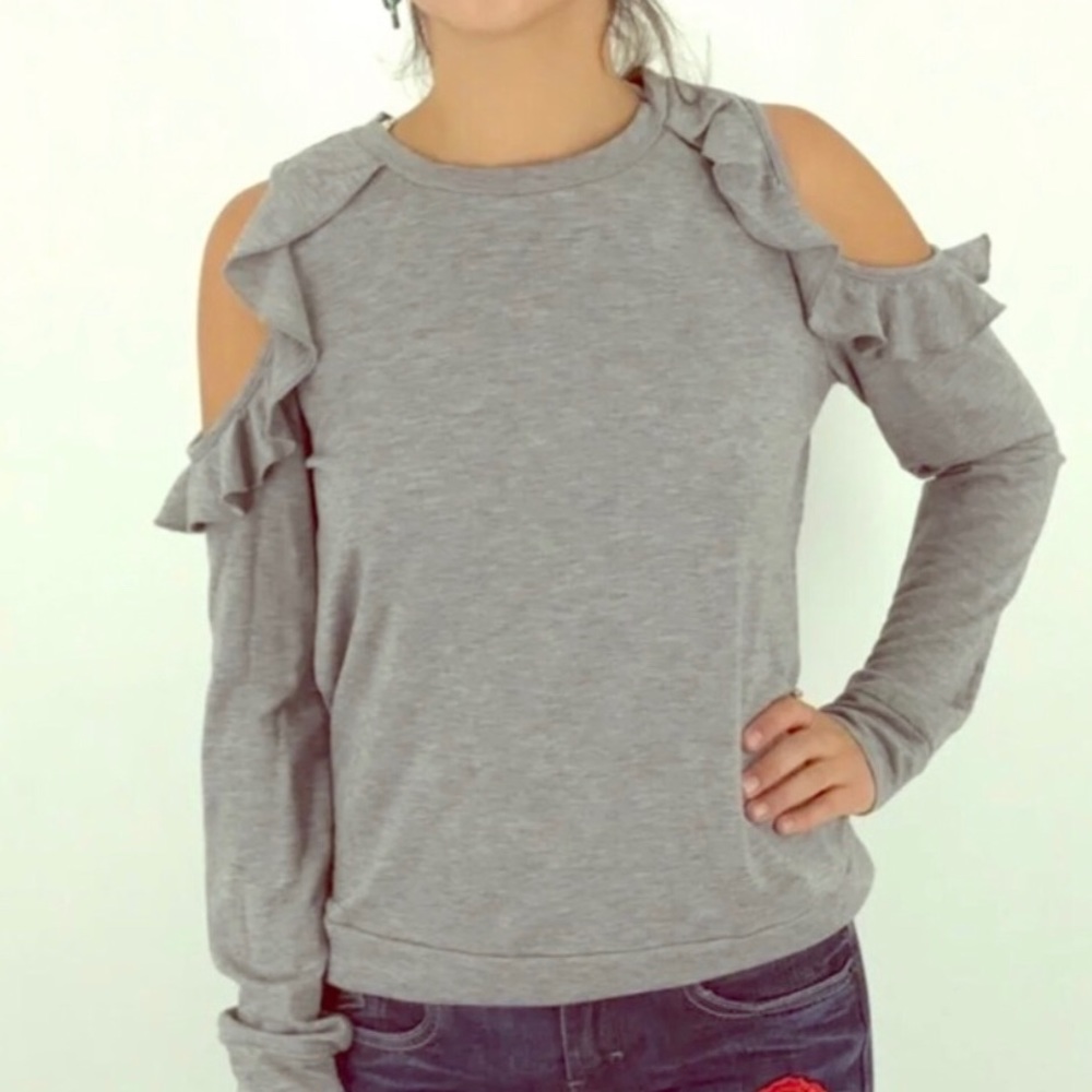 Grey ruffle cold shoulder long sleeve top